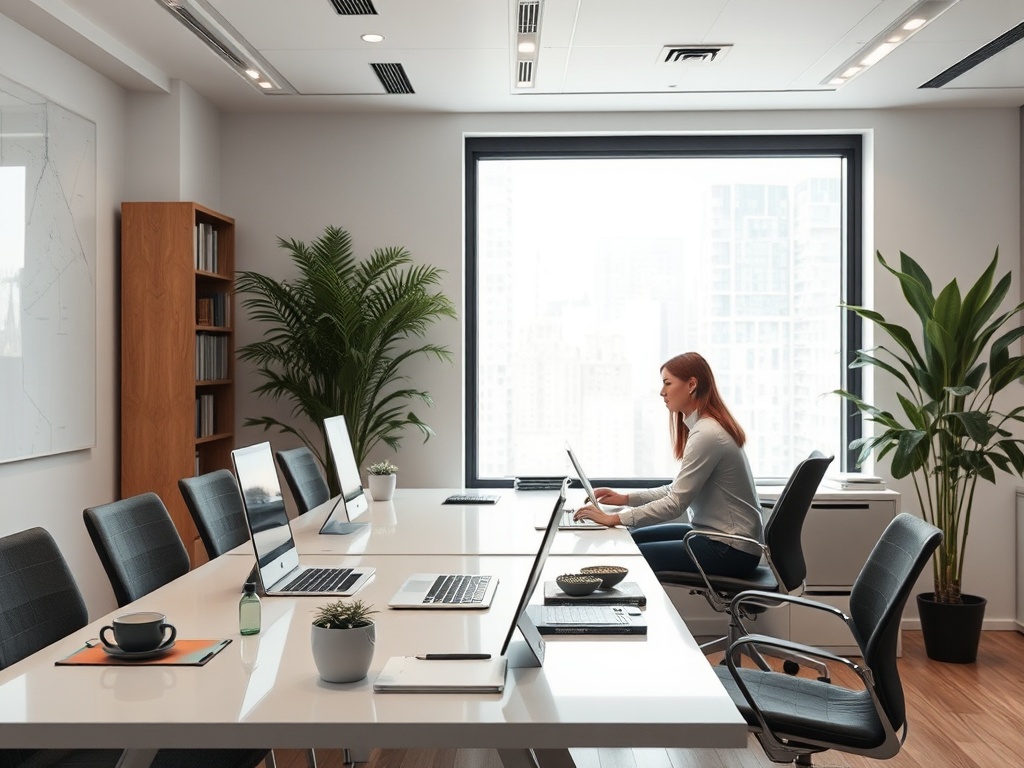 Женщина работает за столом в современном офисе с большими окнами и растениями. Сидит в удобном кресле.