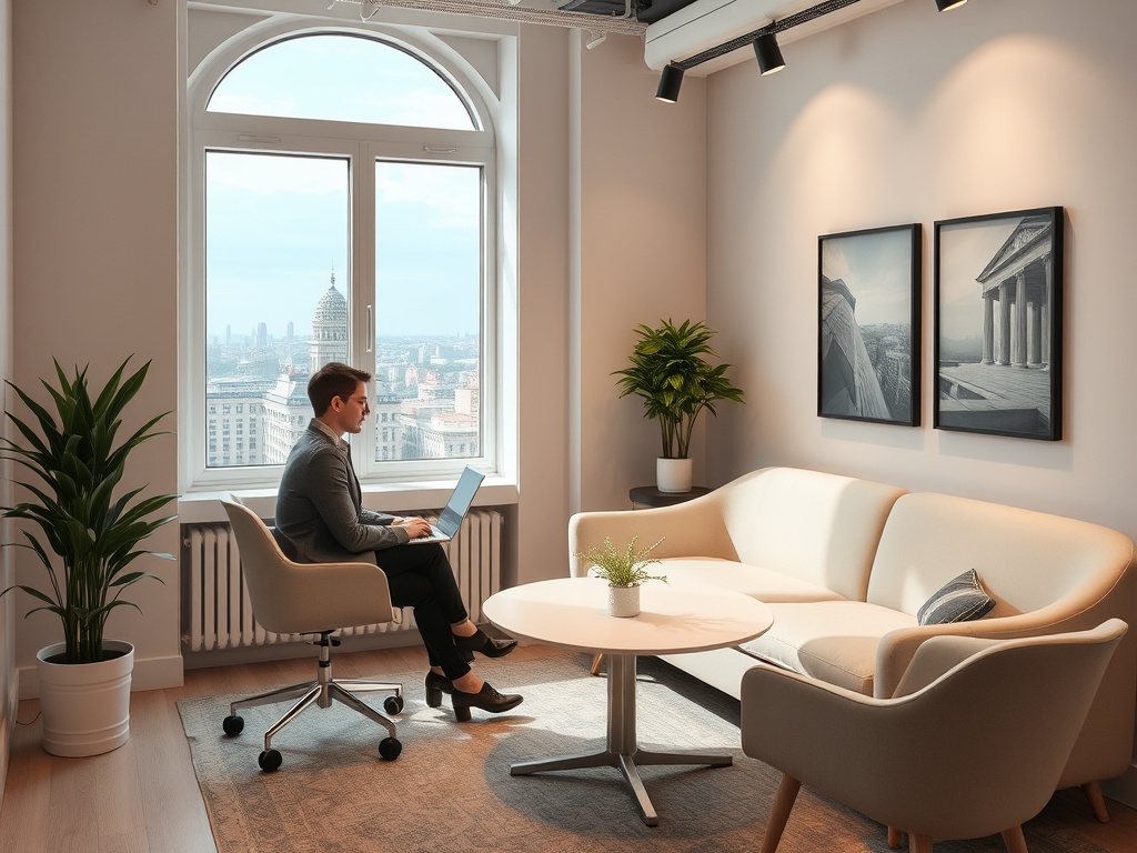 Мужчина работает за ноутбуком в современном офисе с большим окном и уютной обстановкой.
