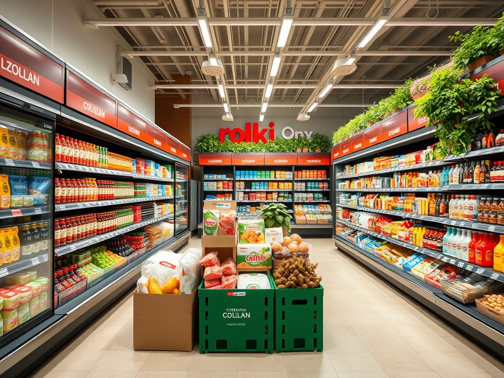 Супермаркет с яркими полками, заполненными продуктами, и коробками с овощами и фруктами на полу.