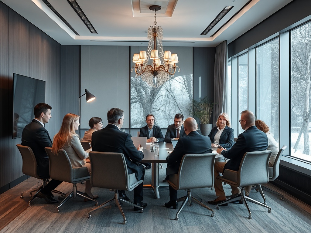 На встрече в современном офисе группа людей обсуждает важные вопросы. За окном зимний пейзаж.