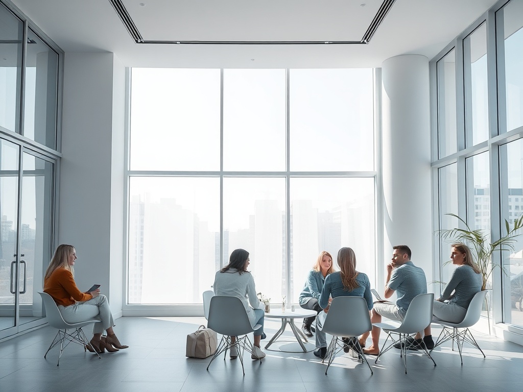 Группа людей обсуждает идеи в современном офисе с большими окнами и естественным светом.