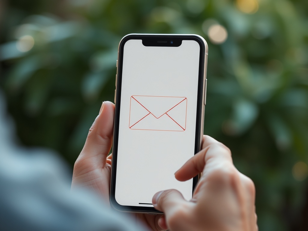 На изображении смартфон с открытым экраном и красным значком письма на белом фоне. Фон размыт.