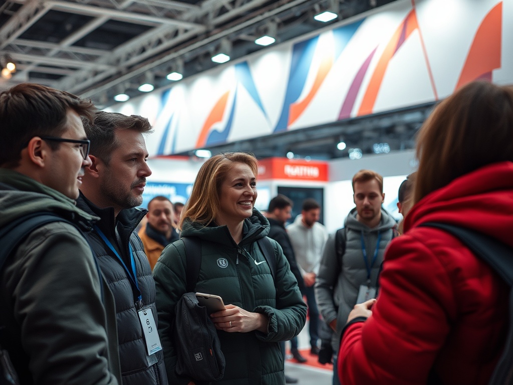 На мероприятии группа людей обсуждает идеи и общается, среди них улыбающаяся женщина.