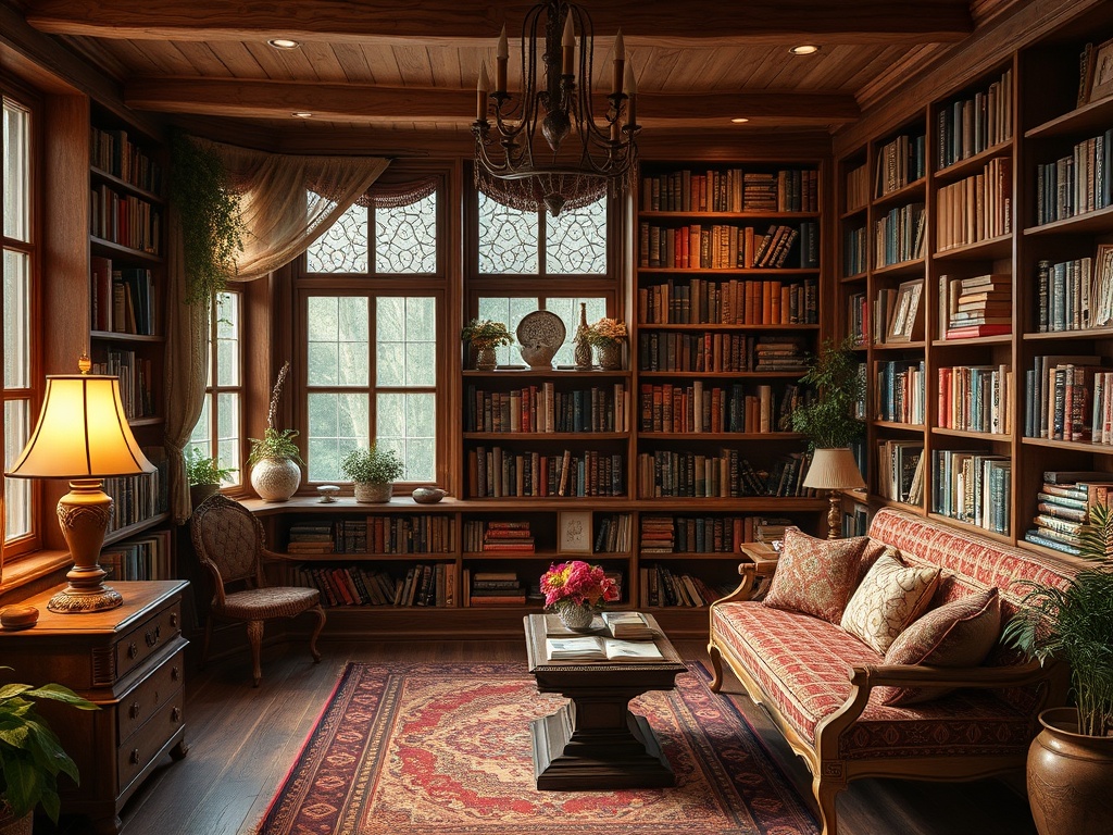 Уютная библиотека с книжными полками, удобным диваном и лампой. Светлое пространство с зелеными растениями.