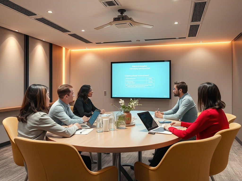Встреча в конференц-зале: группа людей обсуждает проект, презентация на экране. На столе вода и цветы.
