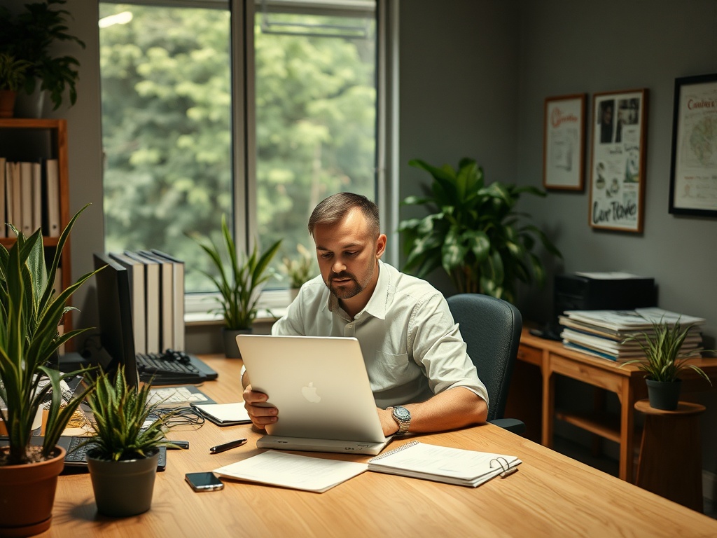 Мужчина в офисе сидит за столом, смотрит на ноутбук среди зеленых растений.