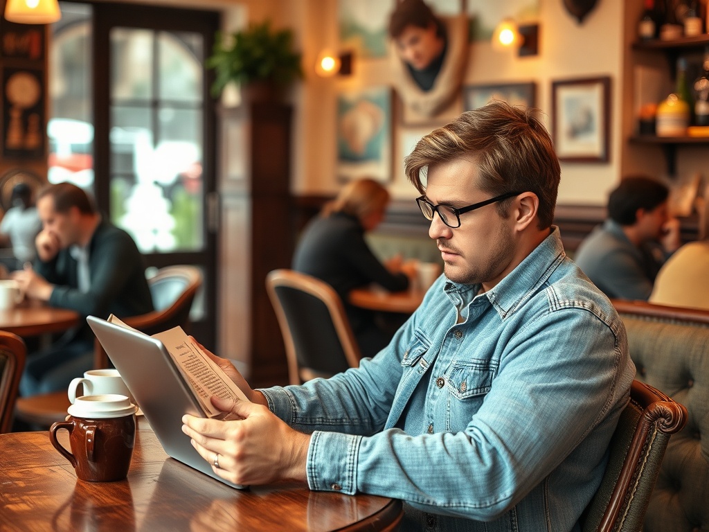 Парень в джинсовой куртке читает на планшете в кафе. На столе кофе, вокруг много посетителей.