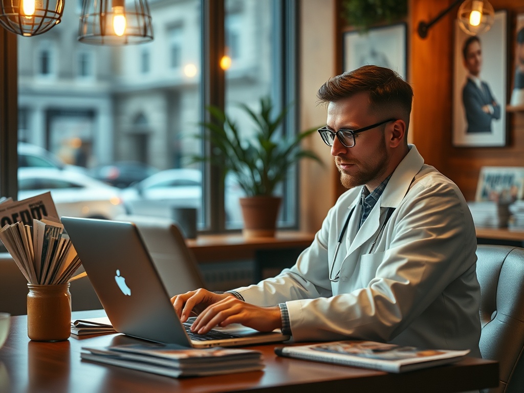 Мужчина в белом халате работает за ноутбуком в уютном кафе с окнами. Рядом стоят газеты и растения.