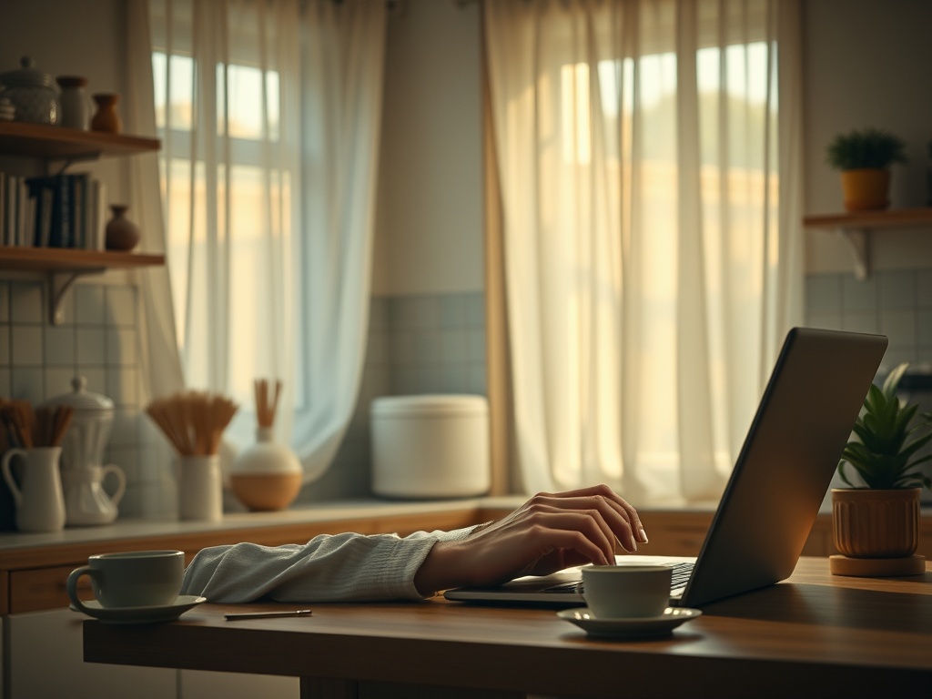Рука, работающая на ноутбуке на кухонном столе, рядом чашки с кофе и зелёным растением.