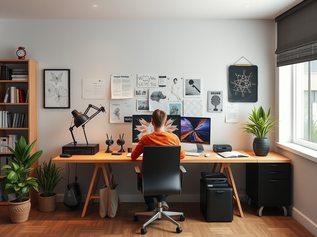 Человек за столом в домашнем офисе, окруженный растениями и документами на стенах. Современный интерьер.