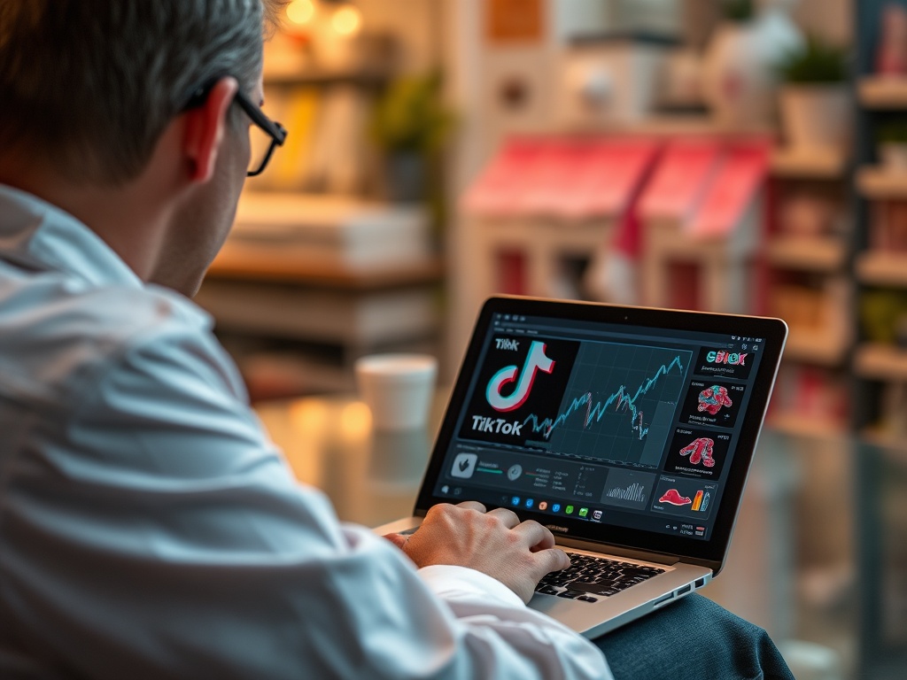 На изображении человек работает на ноутбуке, анализируя статистику TikTok в уютной обстановке.