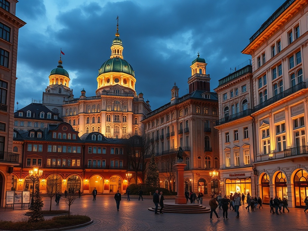 Красивый городской пейзаж с историческими зданиями, освещёнными вечерним светом, и людьми на площади.
