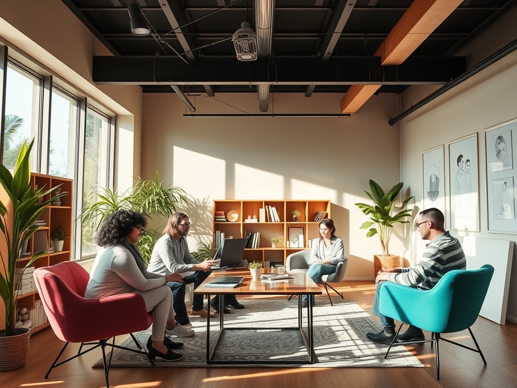 В современном офисе четыре человека обсуждают идеи за круглым столом, окружённые растениями.