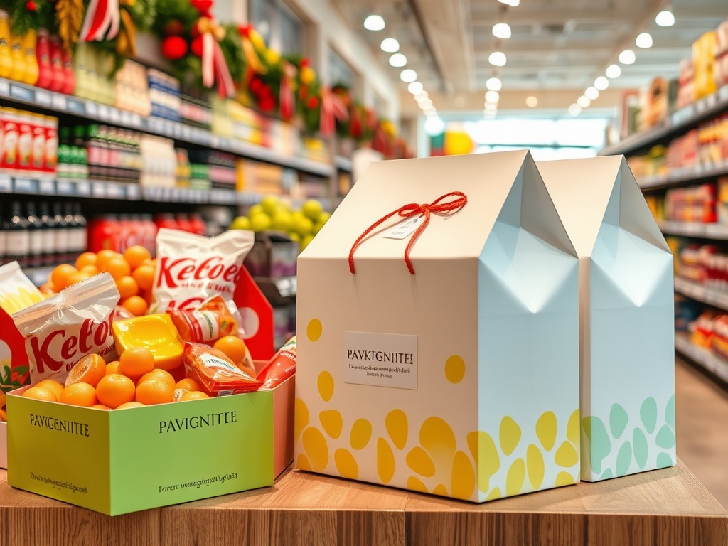 На изображении видно товары в магазине: коробки с продуктами и ассортимент на полках.