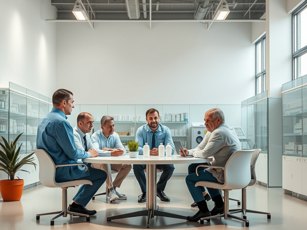 Группа мужчин в офисе на совещании, обсуждают продукты на столе, окружены стеллажами с товарами.