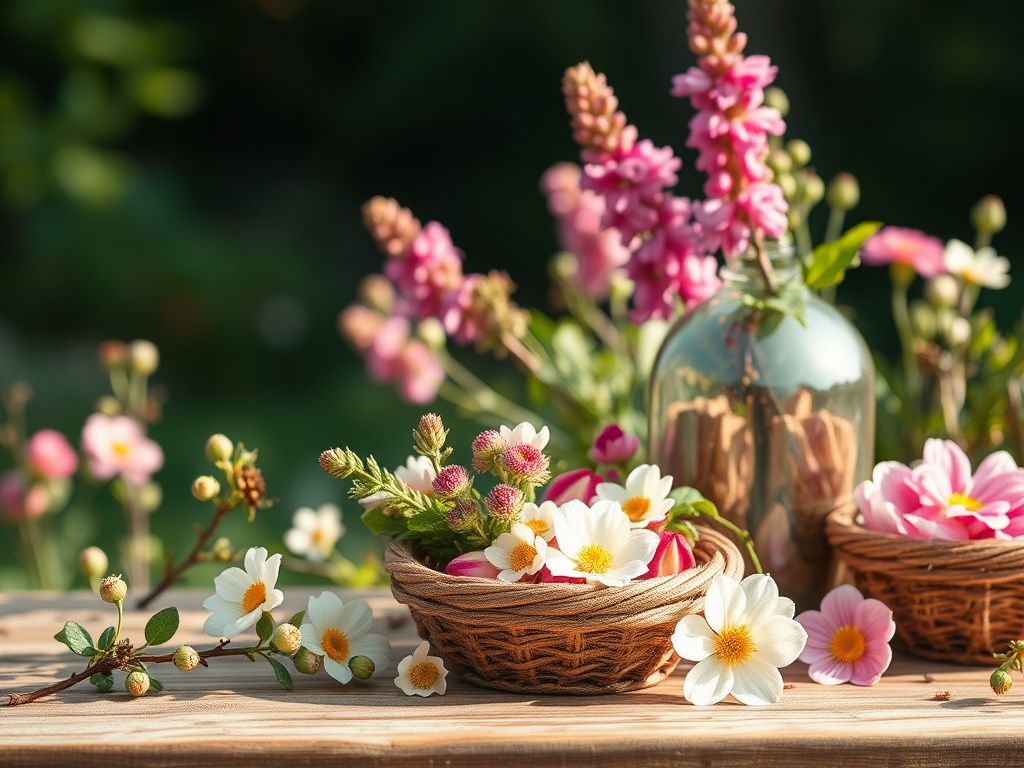 На столе расположены плетёные корзинки с цветами, в окружении ярких букетов на фоне зелёной природы.