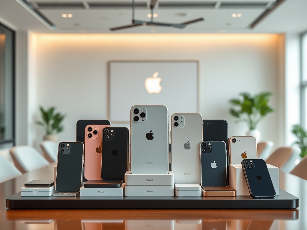На столе размещены различные модели iPhone, окруженные современным интерьером офиса.