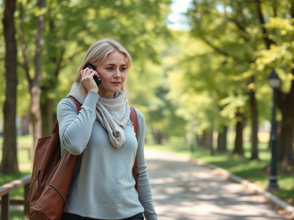 Женщина идет по парку и говорит по мобильному телефону, на фоне зелёных деревьев.
