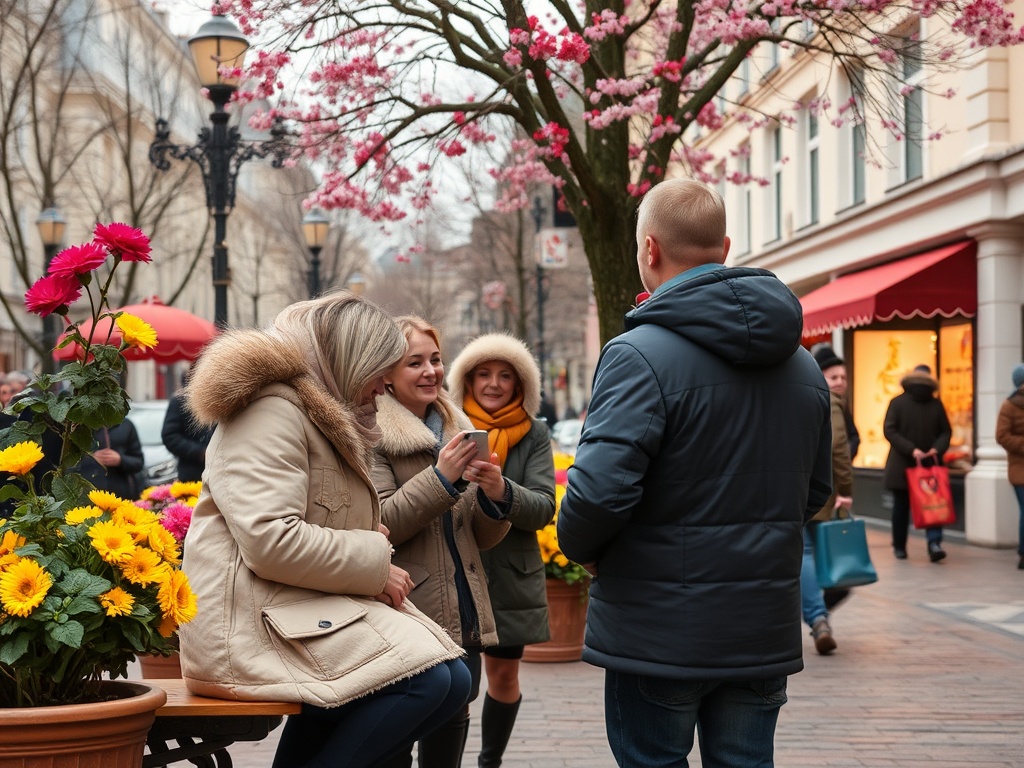 На улице весна, женщины общаются рядом с цветами, вдалеке прохожие и цветущие деревья.