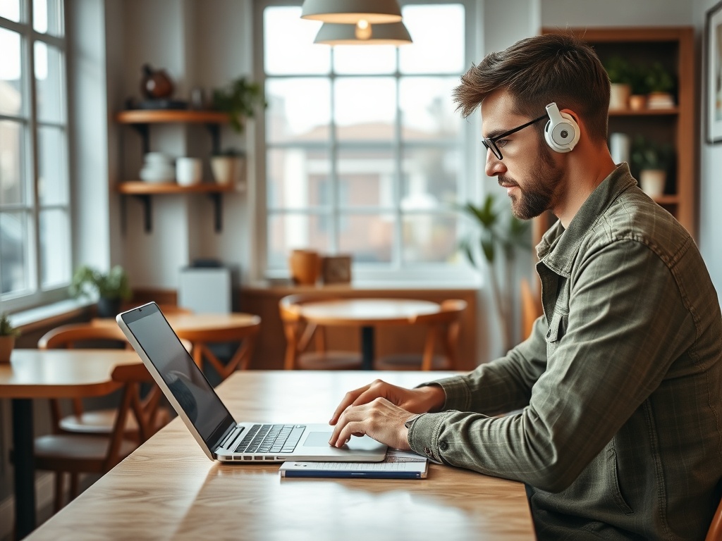 Мужчина в наушниках работает на ноутбуке за столом в кафе с ярким освещением.