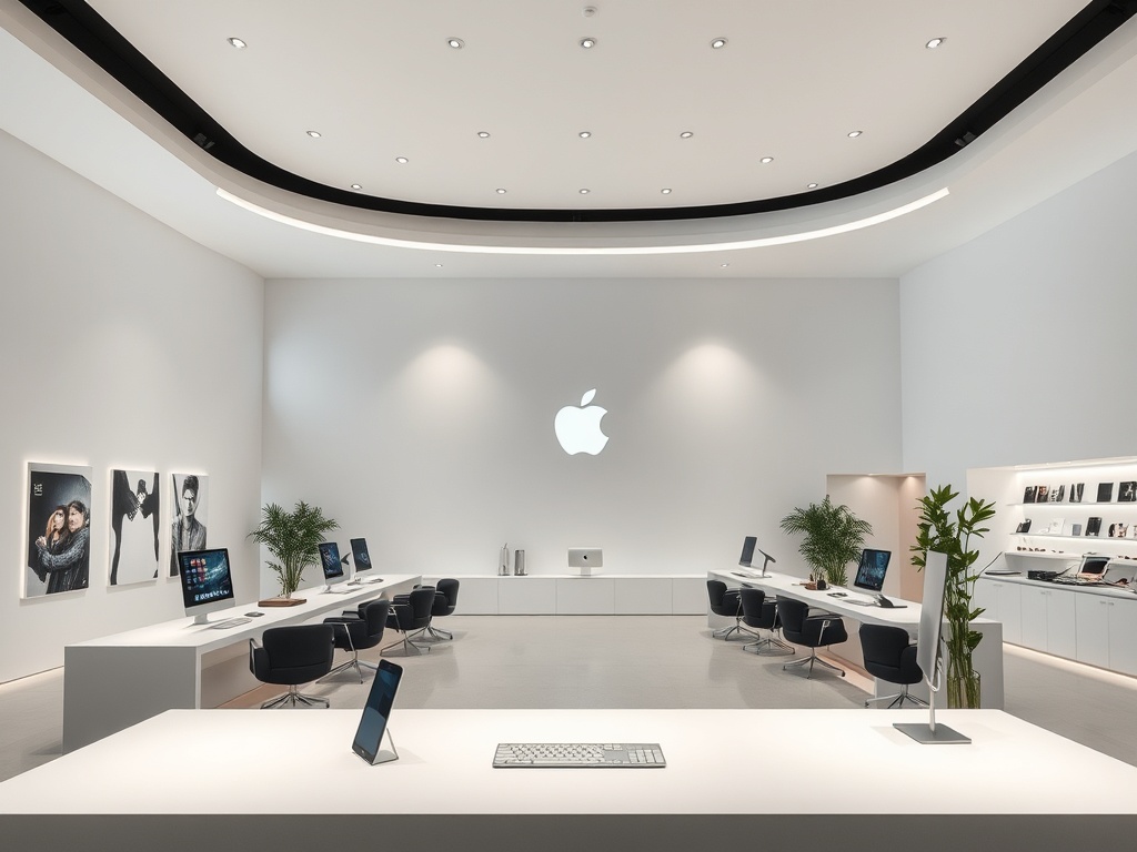Современный магазин Apple с белыми стенами, компьютерами и стильной мебелью. Логотип Apple на задней стене.