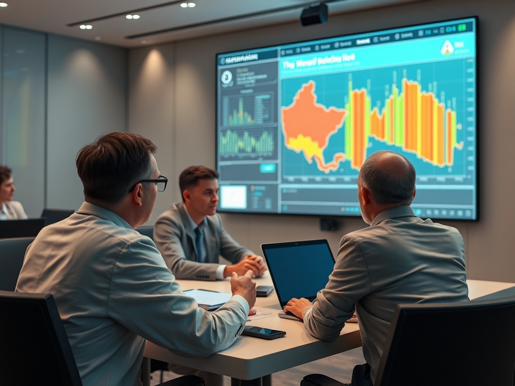 На встрече обсуждаются данные, показанные на экране, включая графики и аналитическую информацию.