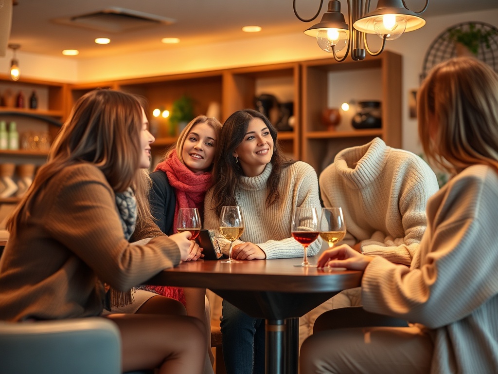 Группа девушек за столом в уютном кафе, обсуждают новости и наслаждаются напитками. Атмосфера дружеская.