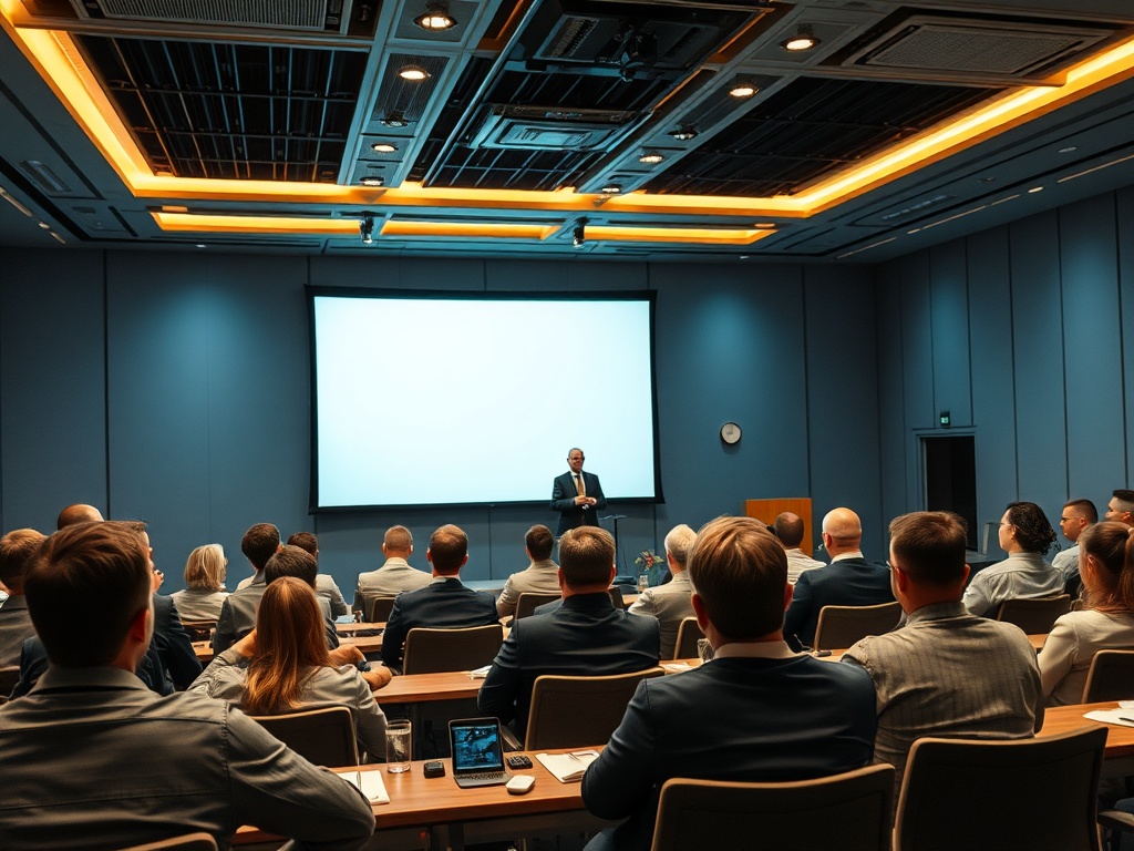 На конференции лекция, слушающие внимательно смотрят на говорящего перед экраном.