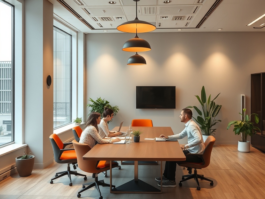 В современном офисе три человека обсуждают проект за столом, окружённым растениями и яркими стульями.