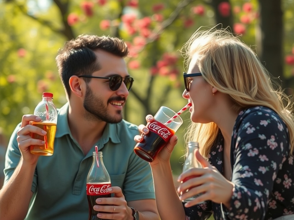 Пара наслаждается напитками на улице, солнце светит, вокруг зелень и цветы.