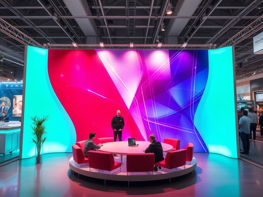 Современный стенд на выставке с яркими огнями, круглый стол и люди, обсуждающие проекты.