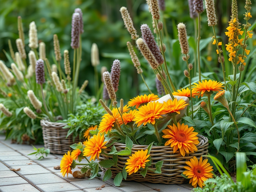 Цветы в корзинах на тротуаре, оранжевые ромашки и зелень на фоне lush greenery.