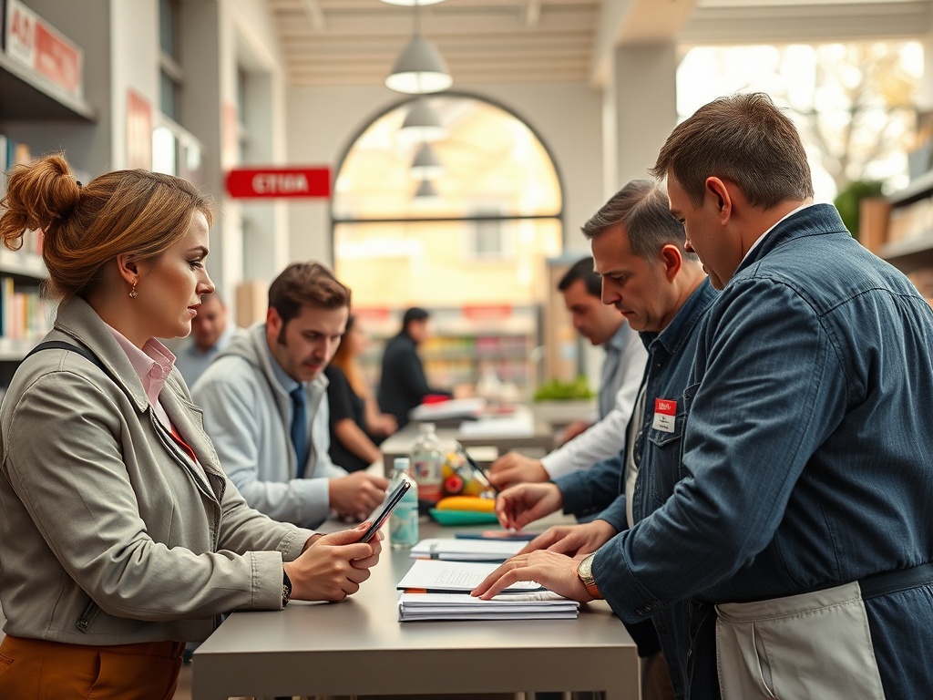 В библиотеке несколько людей обсуждают книги и работают за столом. Женщина использует планшет.