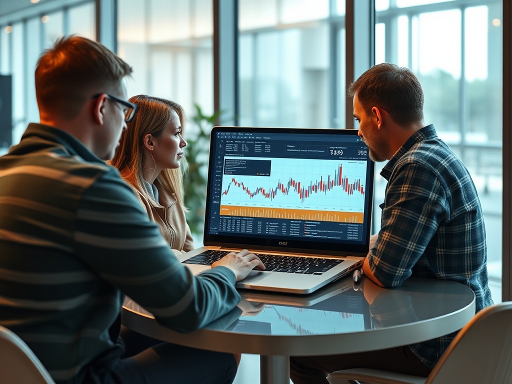 Трое человек обсуждают графики на ноутбуке в современном офисе с большими окнами.