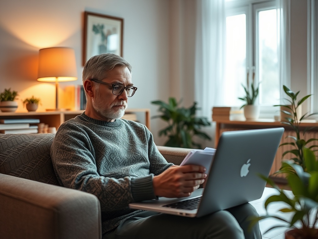 Мужчина с седыми волосами, читающий заметки на диване с ноутбуком в уютной комнате.