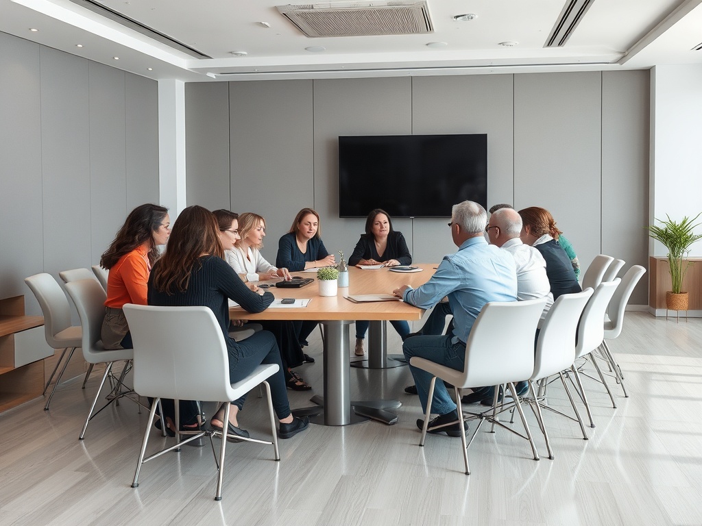 В современном офисе проходит деловая встреча с участниками за круглым столом.