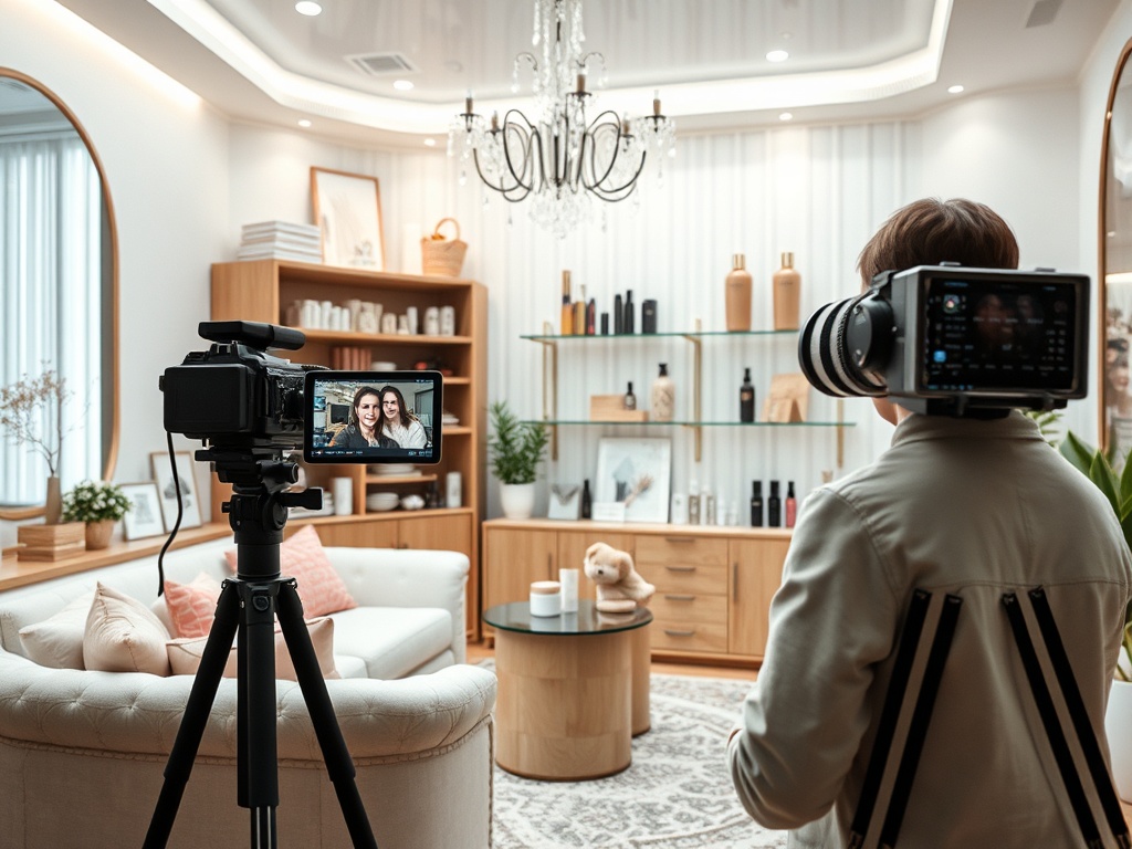 Два человека позируют для камеры в стильной комнате с современным decor. Одна камера на штативе и другая на операторе.