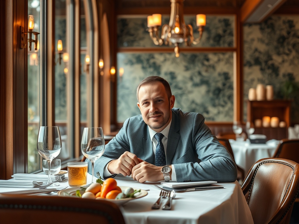 Мужчина в костюме сидит за столом в ресторане, перед ним - тарелка с фруктами и напитки. Стильный интерьер.