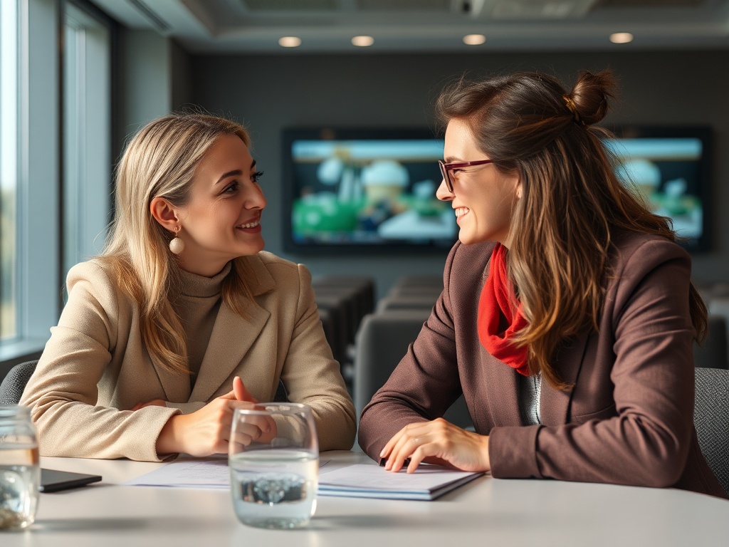 Две женщины обсуждают что-то за столом в современном офисе, улыбаются и общаются.