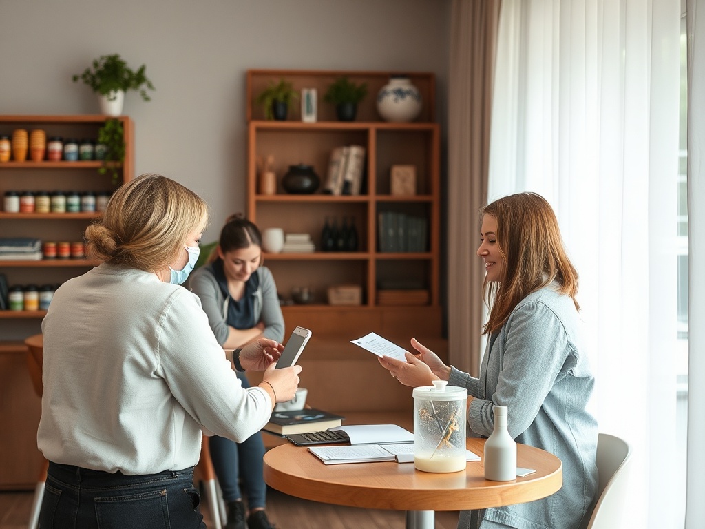 Три женщины обсуждают документы за столом, на фоне полок с предметами и растениями. Атмосфера дружеская.