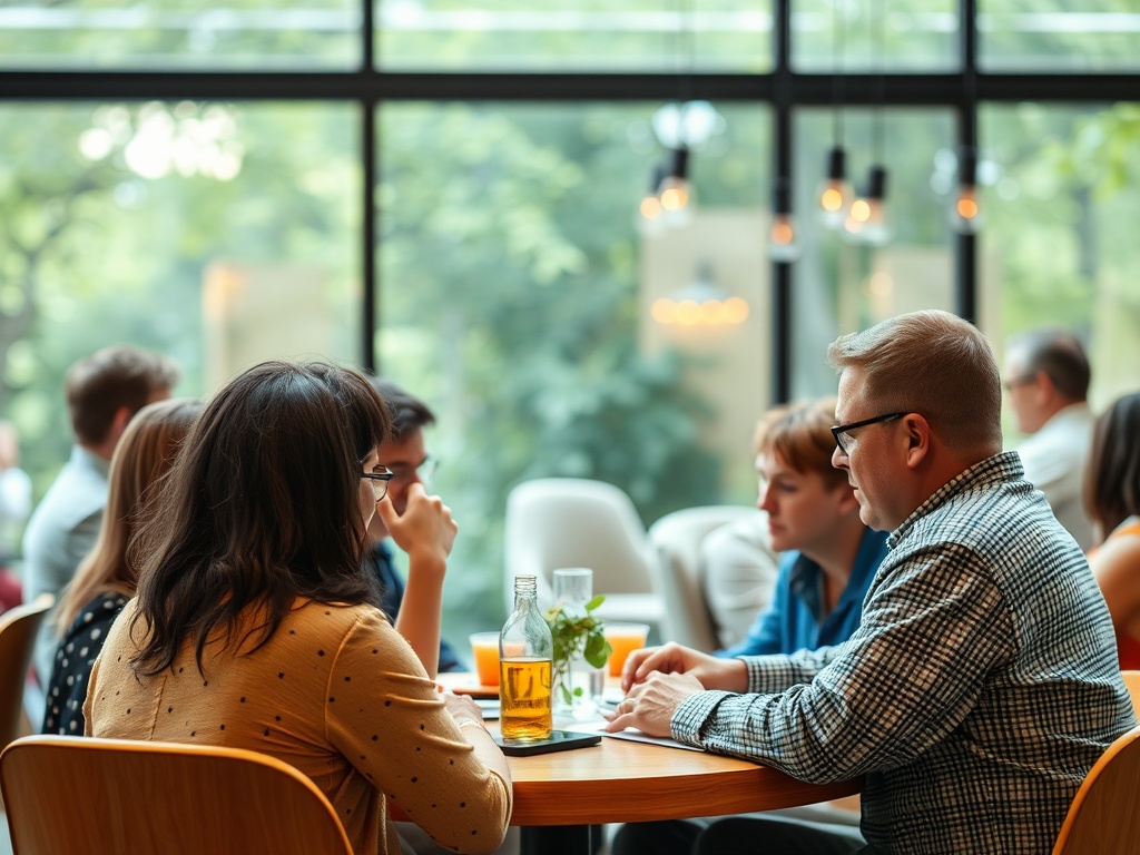 Группа людей обсуждает что-то за столом в уютном кафе с большими окнами и зеленью на улице.