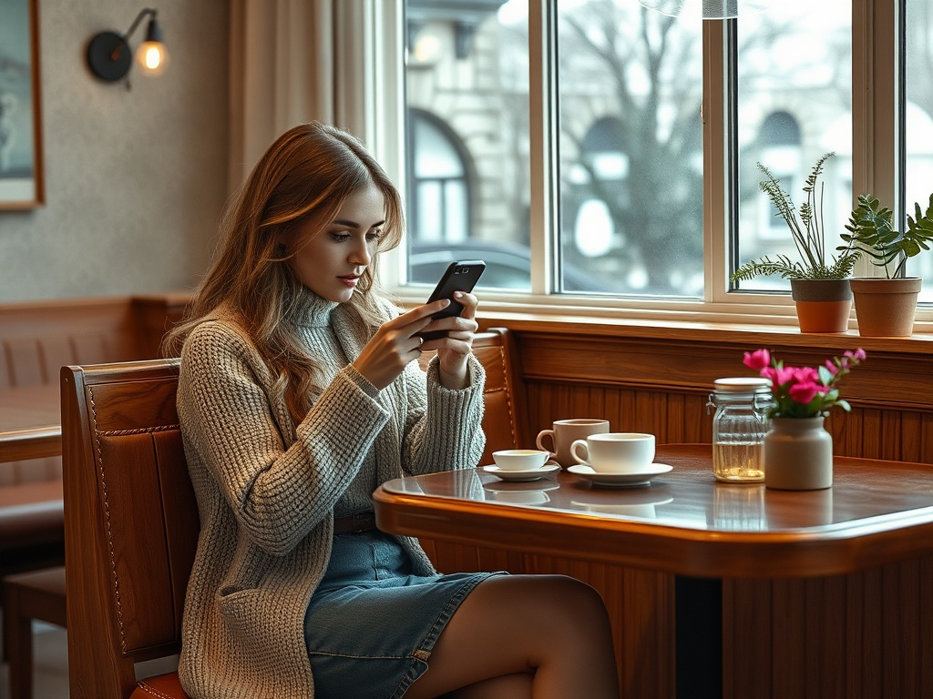 Молодая женщина в уютном кафе сидит за столом и смотрит в телефон, рядом чашки и цветы.