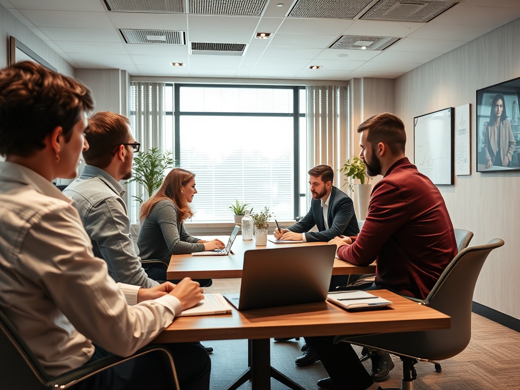 На встрече в офисе пятеро человек обсуждают рабочие вопросы, сидя за столом. Солнечный свет через окна.
