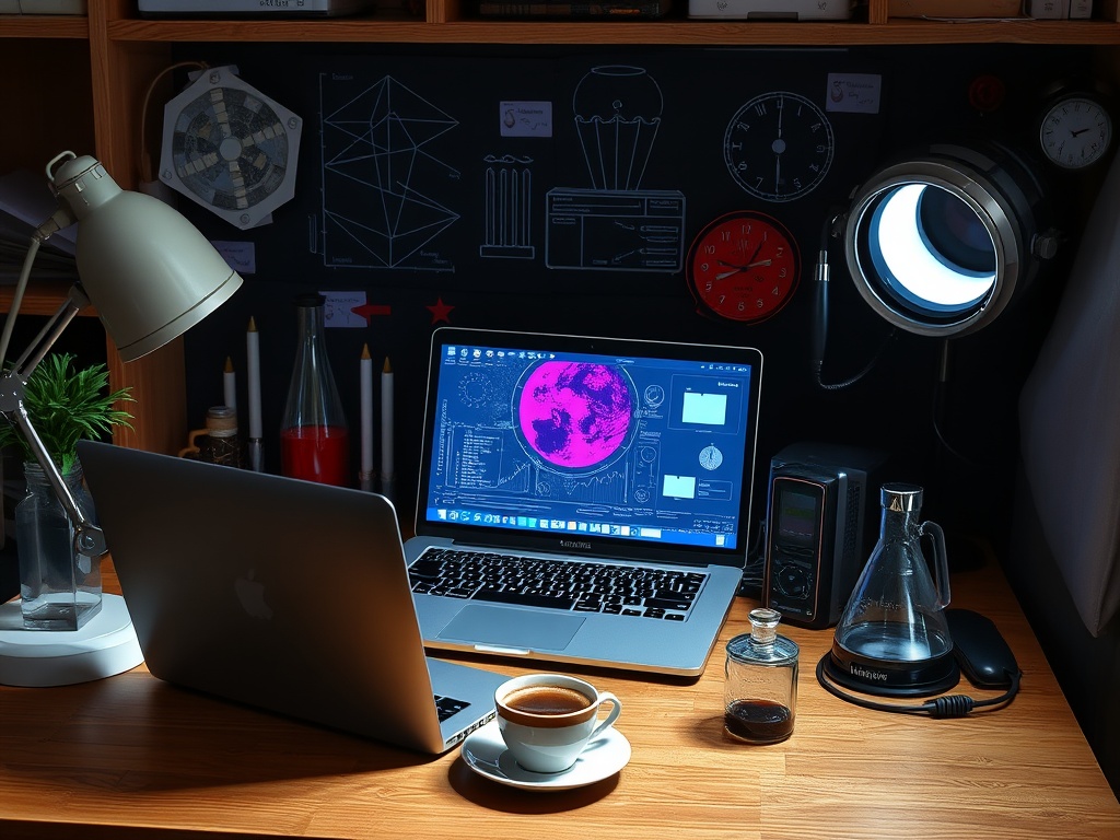 Стол с ноутбуком, чашкой кофе и научными инструментами. Около лампы и часами на стене.