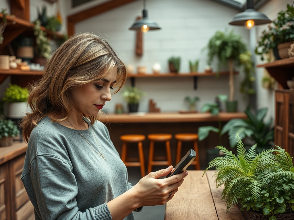 Молодая женщина с короткой стрижкой смотрит на телефон в уютном интерьере с растениями и деревянной мебелью.