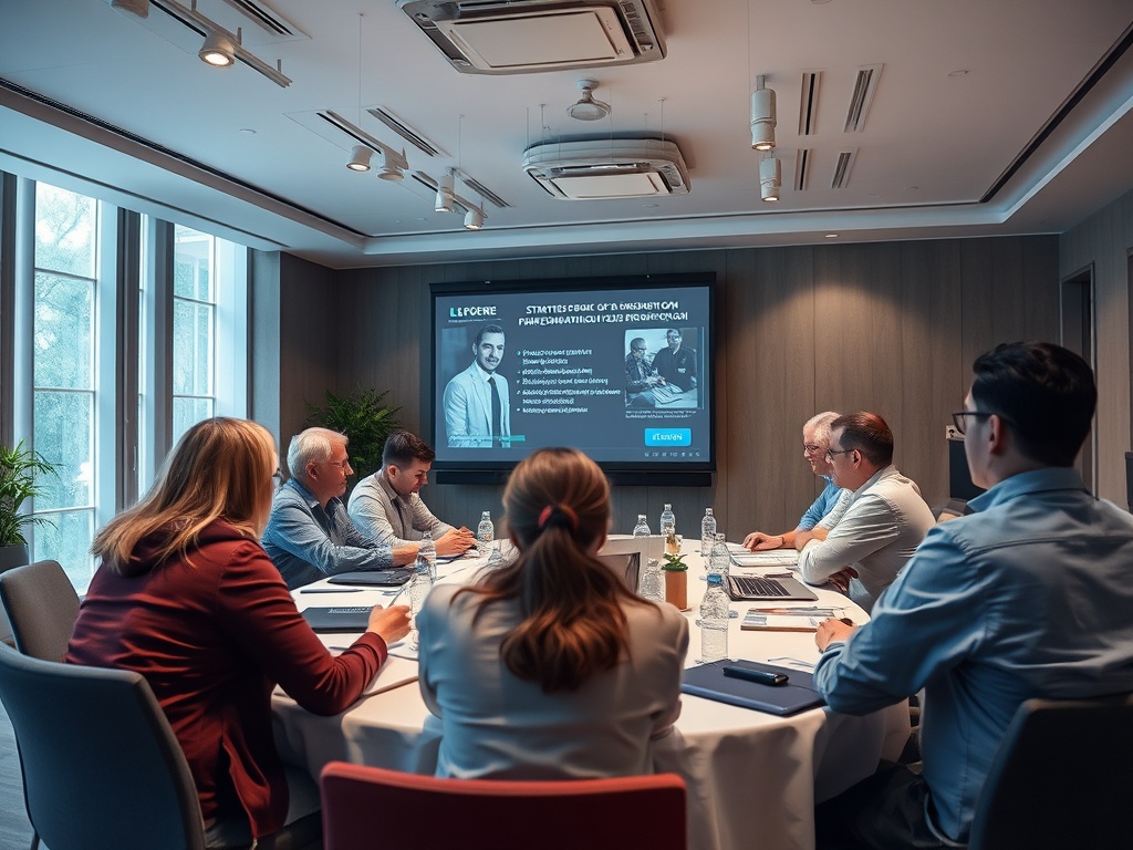 В конференц-зале собрание людей, обсуждающих презентацию на экране с информацией и изображением.