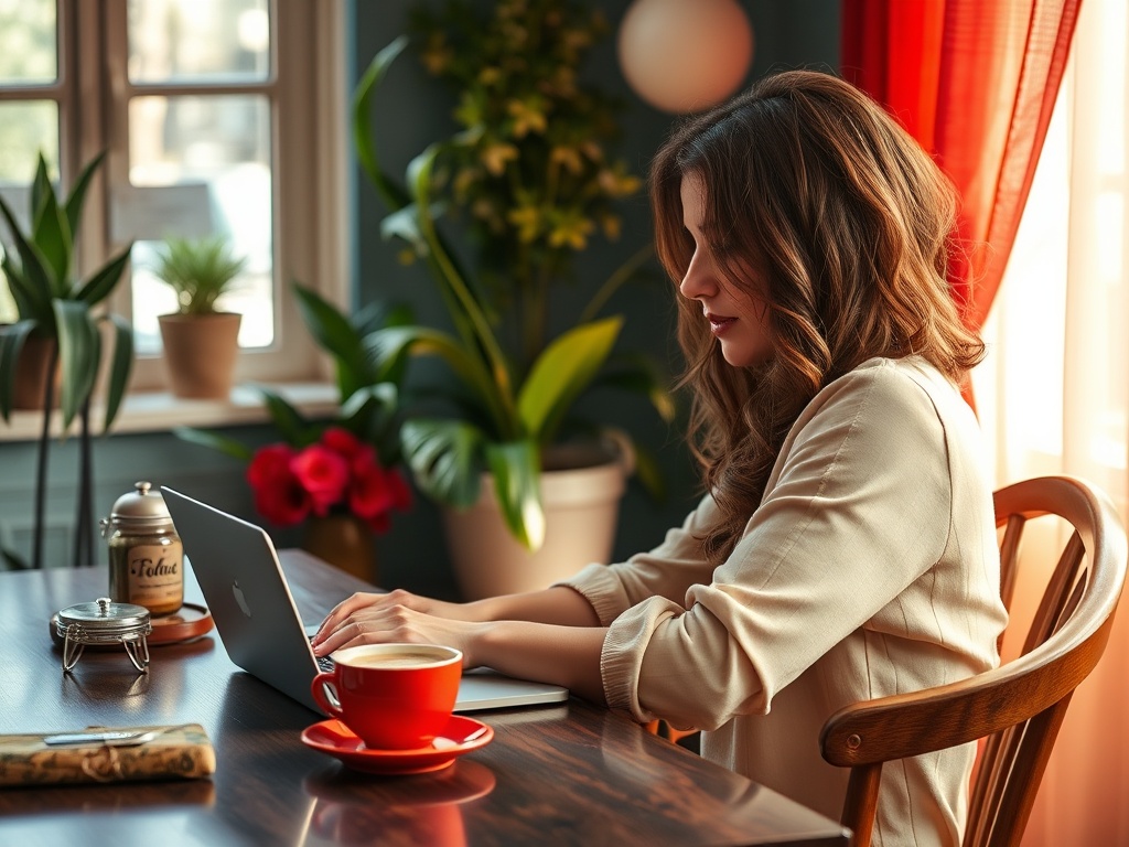 Женщина работает за компьютером в уютном кафе с чашкой кофе на столе и зелеными растениями вокруг.
