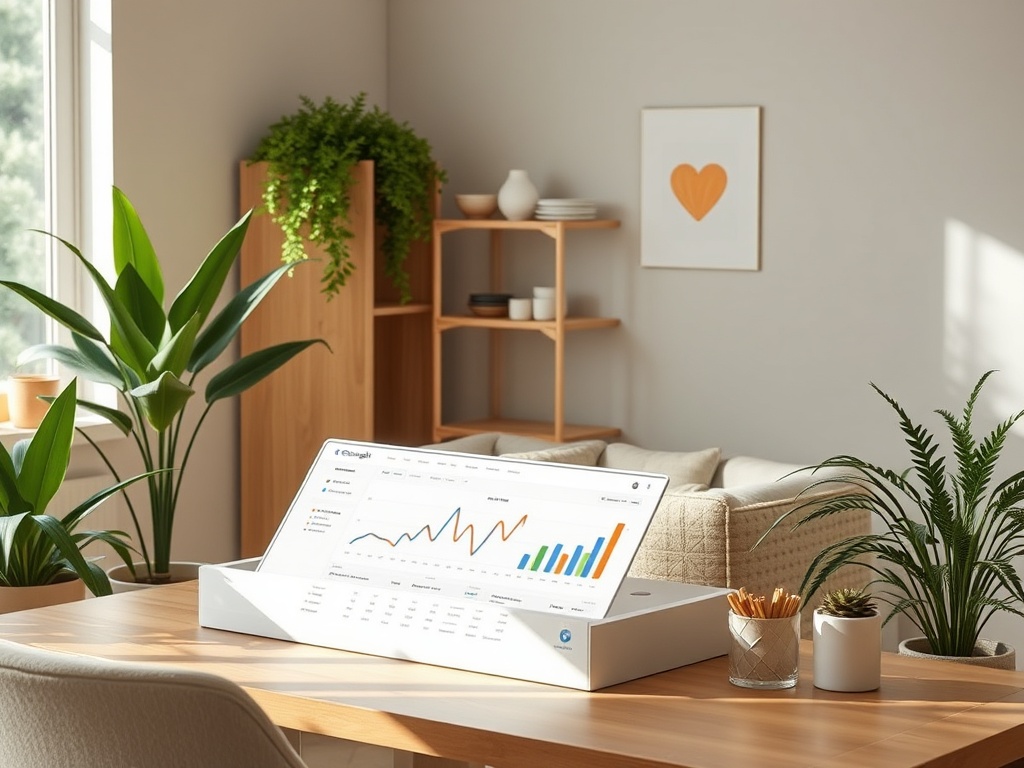 На столе находится монитор с графиками, в окружении растений и уютной атмосферы.