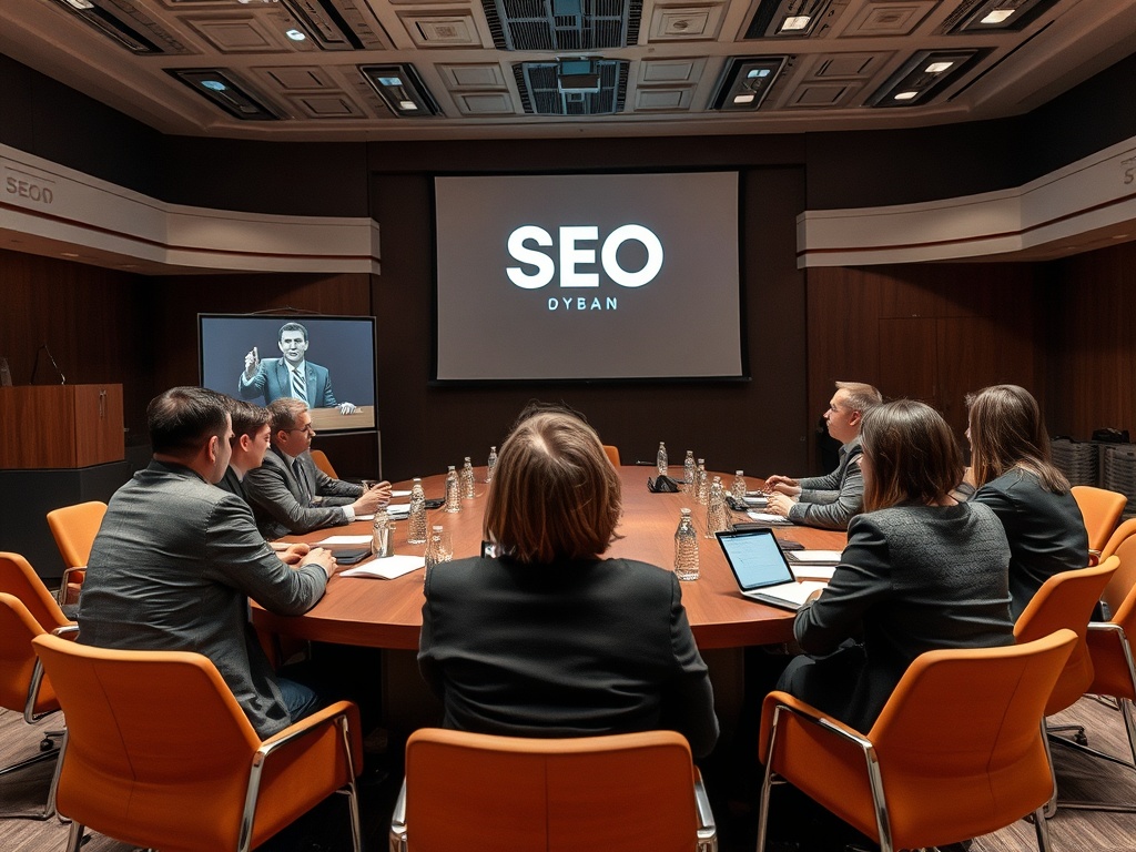 На собрании по SEO обсуждаются стратегии и методики. Присутствуют несколько участников в строгом костюме.