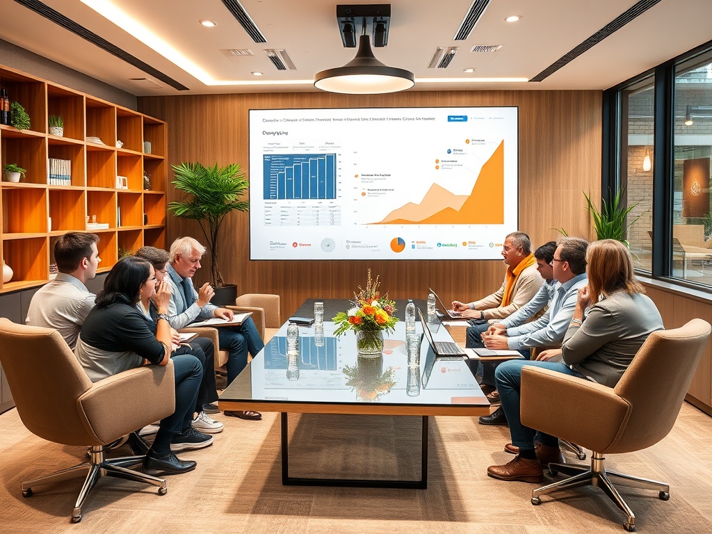Команда обсуждает данные на встрече в офисе, с графиками на экране и уютной обстановкой.